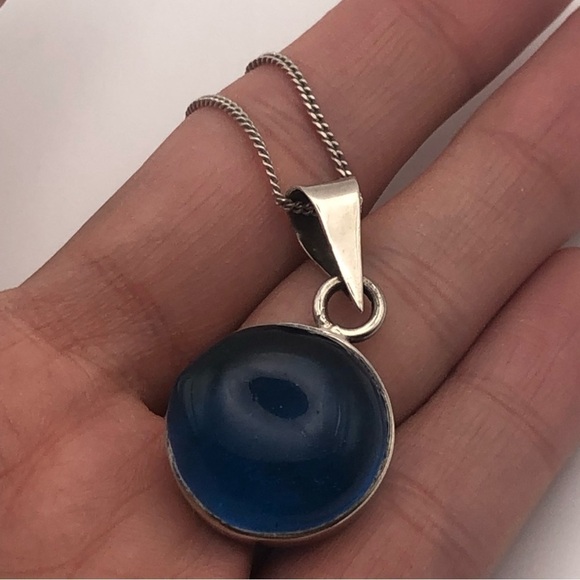 VTG Sterling Round Blue Glass Pendant & Chain - 18” & 1.4” Pendant - Picture 6 of 10